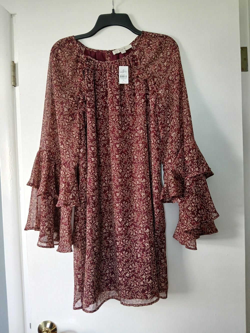 LOFT Burgundy Floral Ruffle-Sleeve Dress